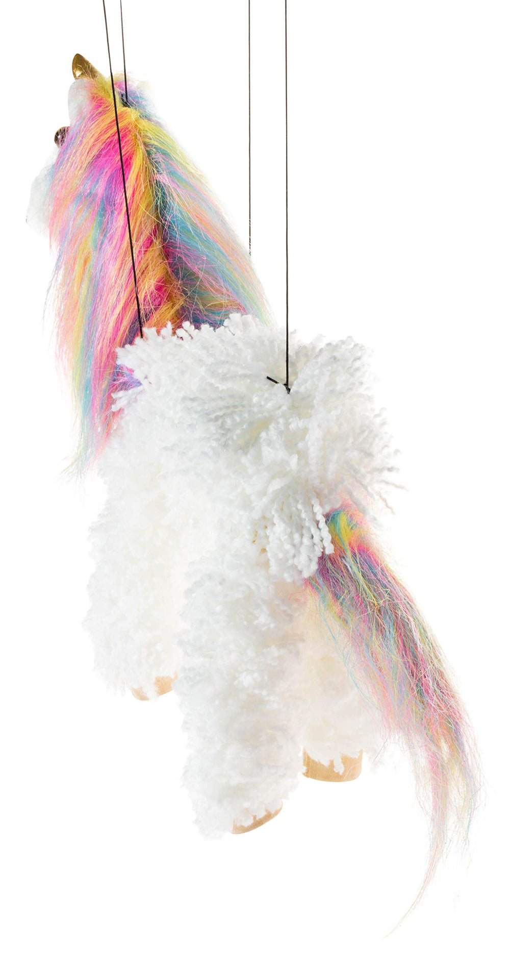 Artisan Owl soft yarn body rainbow mane unicorn puppet for cozy, imaginative storytelling