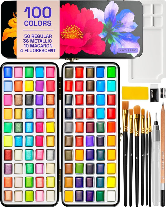 ARTISTRO 100 Colors Watercolor Palette with rich pigments for bold travel painting