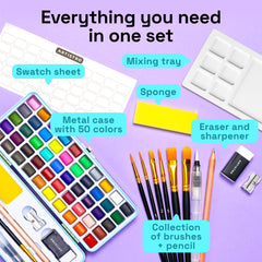 ARTISTRO 50 watercolor colors array closeup shows rich pigments for creative projects.