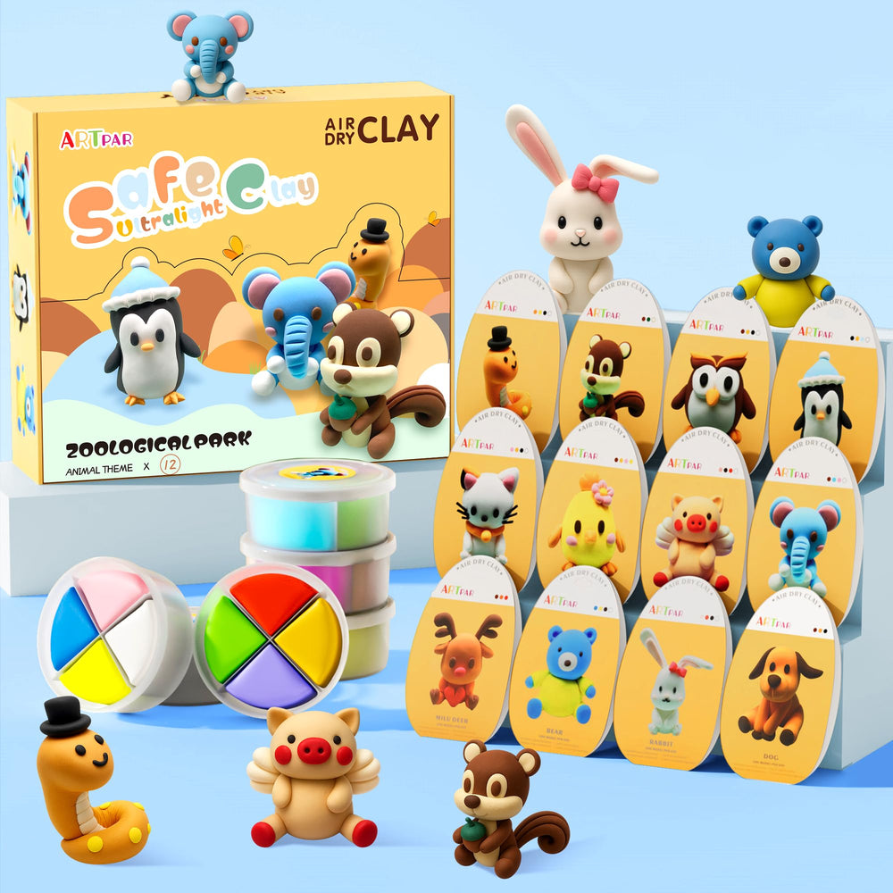 ARTPAR Air Dry Clay Kit shows 12 animal tins for creative play and reuse.