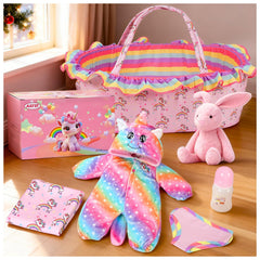 ARTST Reborn baby doll bassinet with rainbow unicorn design for imaginative play.