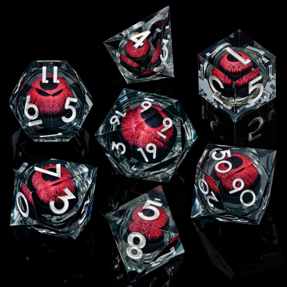 ARUOHHA sharp-edged D&D dice display clear numerals on a transparent surface.