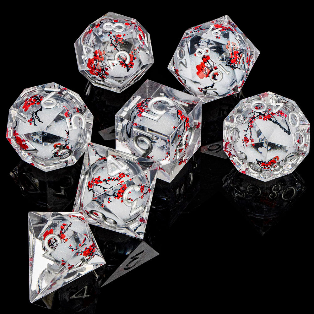 ARUOHHA D4 dice with plum blossom charm and legible numbers.