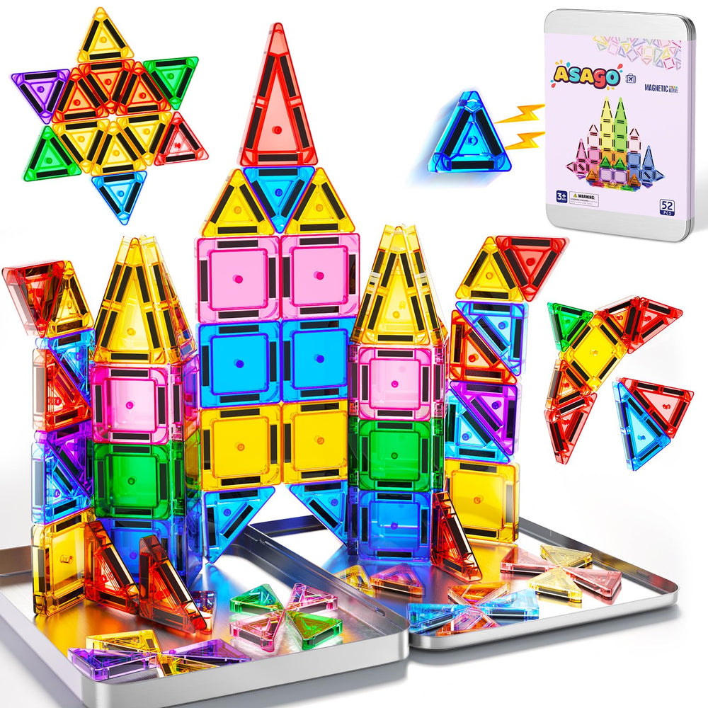 Asago 52-piece mini magnetic tiles travel set for on-the-go creative building