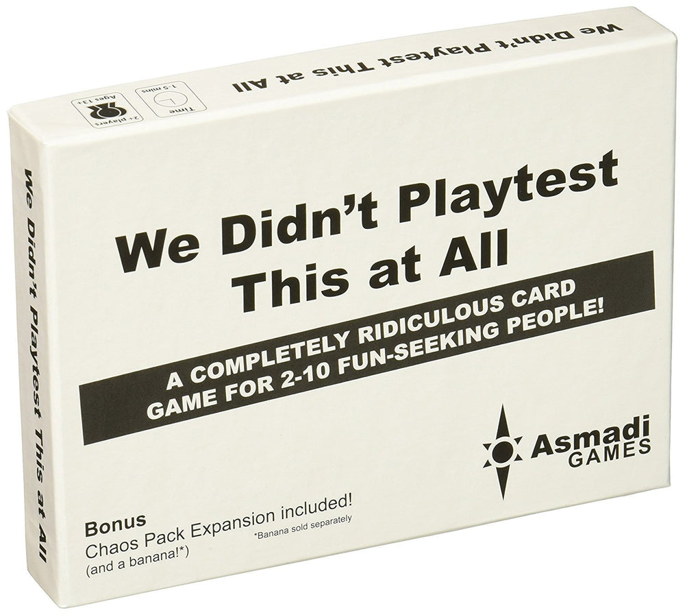 Asmadi Games We Didn't Playtest This at All game box, compact for travel and quick play.