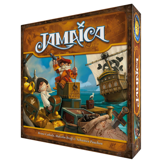 Asmodee Jamaica cover art with bold pirates inviting family game night.