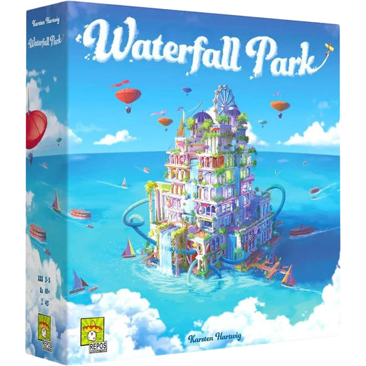 Asmodee Waterfall Park box front showing colorful attractions for family gameplay.