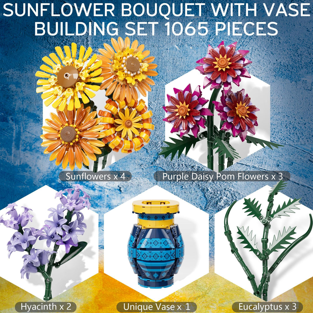 Asoulin matching vase building set shown with sunflower components for cohesive decor.