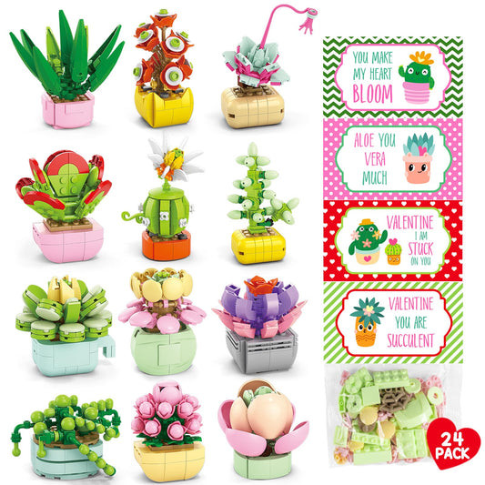 Asoulin flowers-succulents build blocks kit for kids, colorful classroom valentine play.