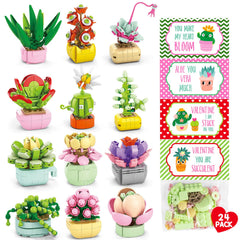 Asoulin flowers-succulents build blocks kit for kids, colorful classroom valentine play.