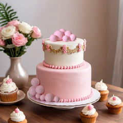 ASTARON light pink ball topper on cake, quick decorative embellishment for celebrations.