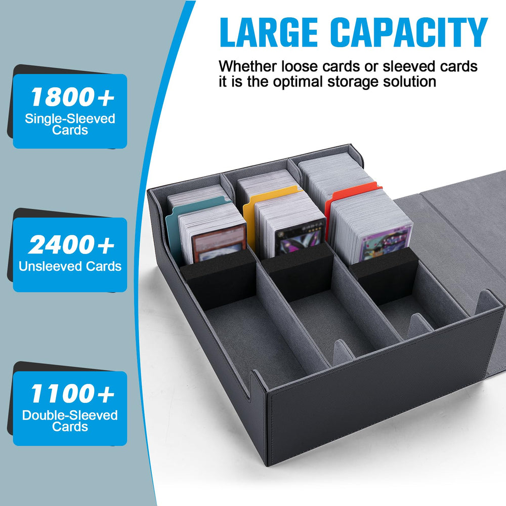 Astrell storage box open with dividers shows organized card storage.