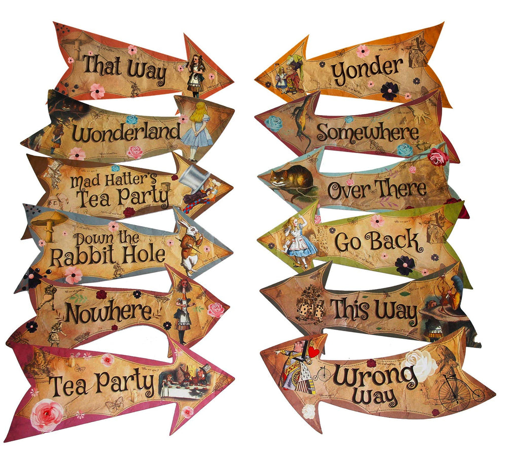 ASVP Shop Alice in Wonderland arrow signs for whimsical party decor and photo opportunities.
