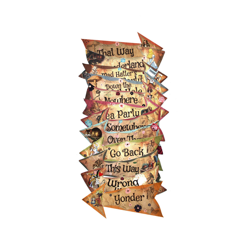 ASVP Shop Wonderland room decor arrow signs bring literary whimsy to spaces.