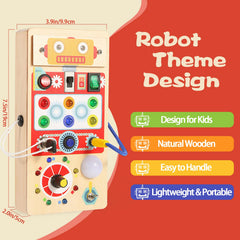 Asweets Busy Board LED Switches – close-up of eight switches and motor skills.