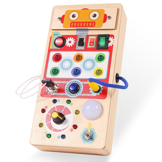 Asweets Montessori Busy Board Red Robot β front view with LED lights for sensory play.