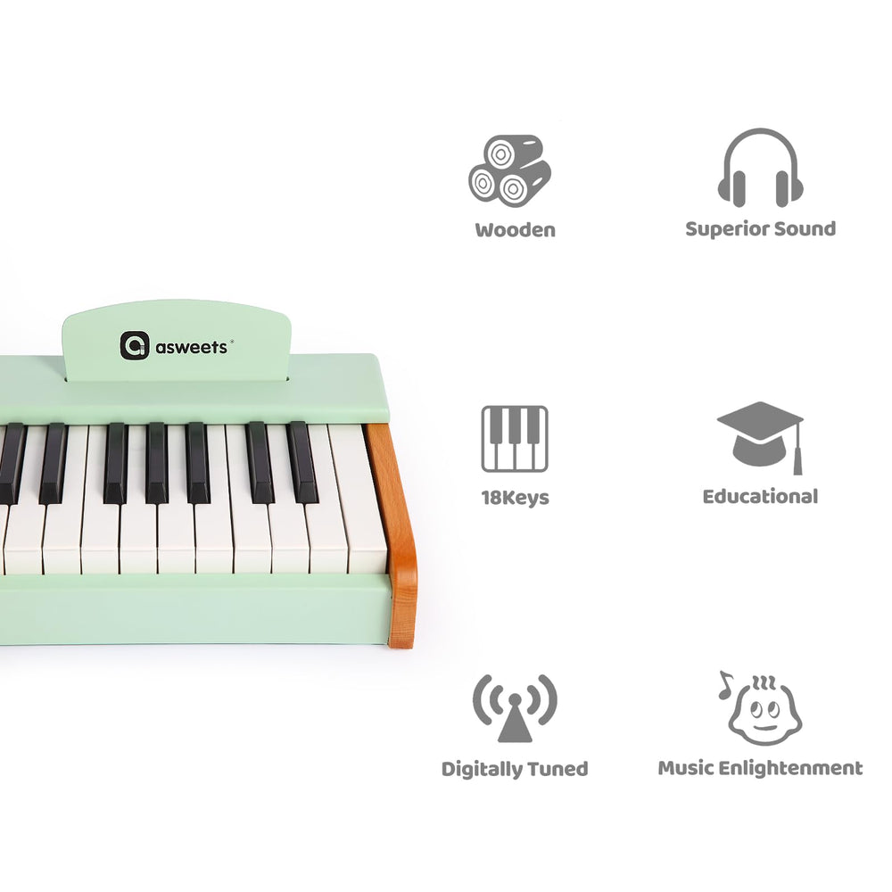 Asweets wooden piano keyboard closeup shows durable, non-toxic construction for daily play.