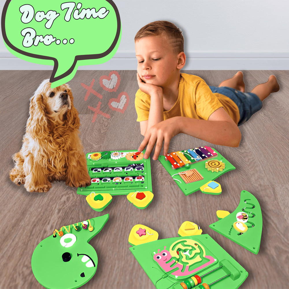 AthomBear dinosaur wall busy board solid wood construction for durability.