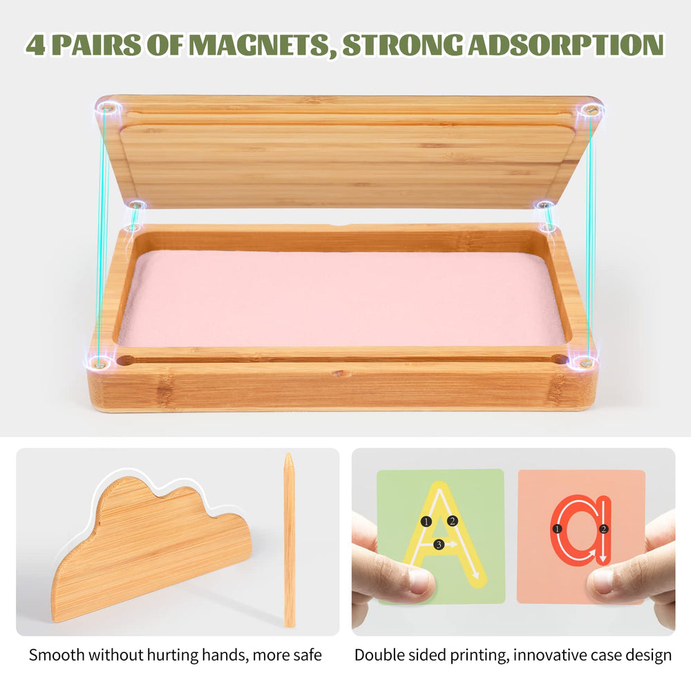 AtMini Montessori sand tray open view showing accessories for learning