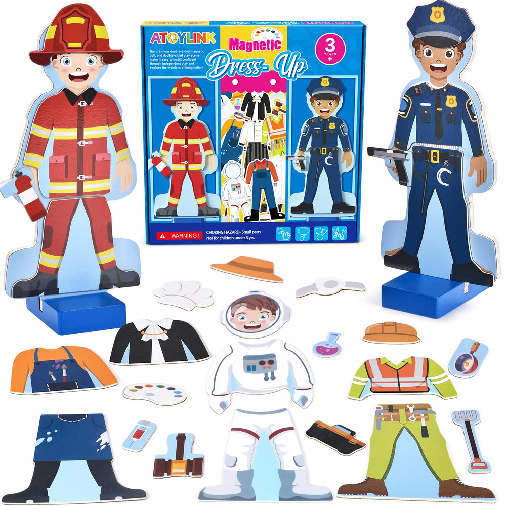Atoylink wooden magnetic dress-up dolls standing upright for display and play