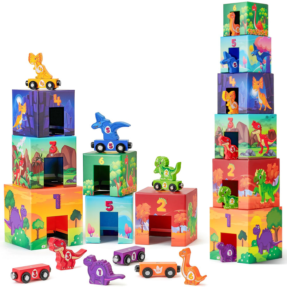 Atoylink toddler dinosaur sorting and stacking train set for imaginative play and early learning.
