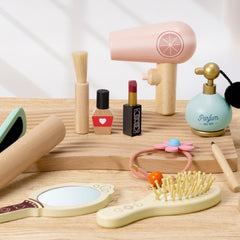 Atoylink wooden makeup toy set includes a hair dryer for pretend salon sessions