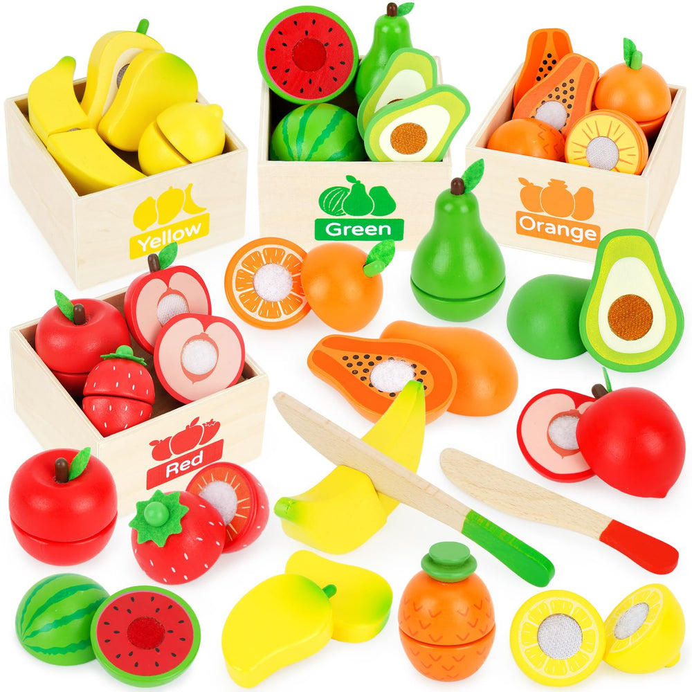 ATOYUS wooden play food set with colorful fruit for imaginative pretend play.
