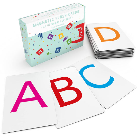 Attractivia alphabet flash cards with jumbo uppercase letters for classroom learning.