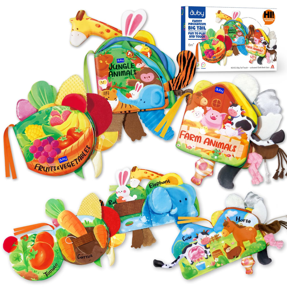 Auby baby cloth book with crinkle sound enhances early sensory exploration during playtime.