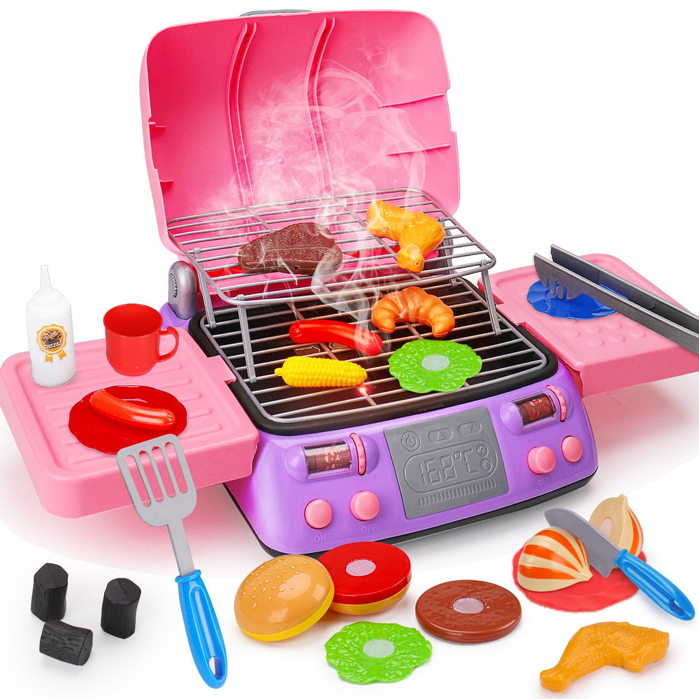 AugToy kids BBQ grill playset in pink with lights for immersive outdoor pretend cooking