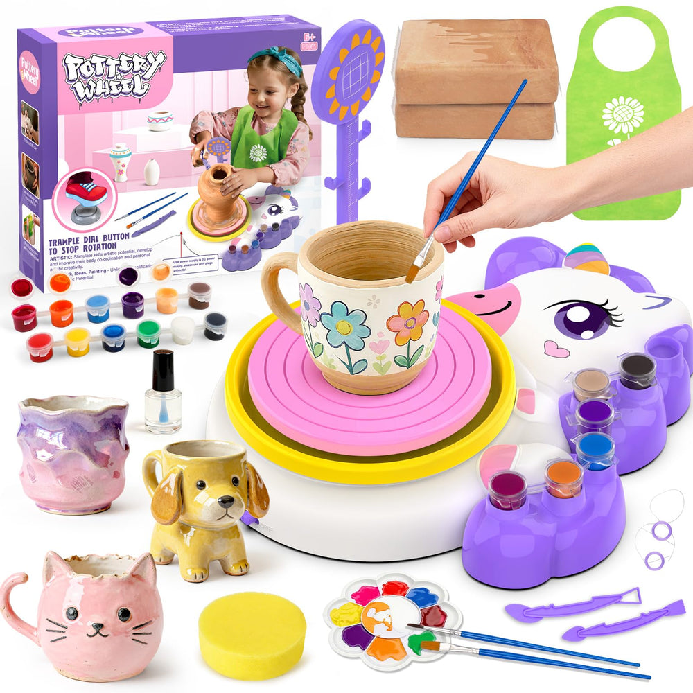 Aujazyble pottery wheel mini setup for kids, safe adjustable-speed wheel promoting creativity.