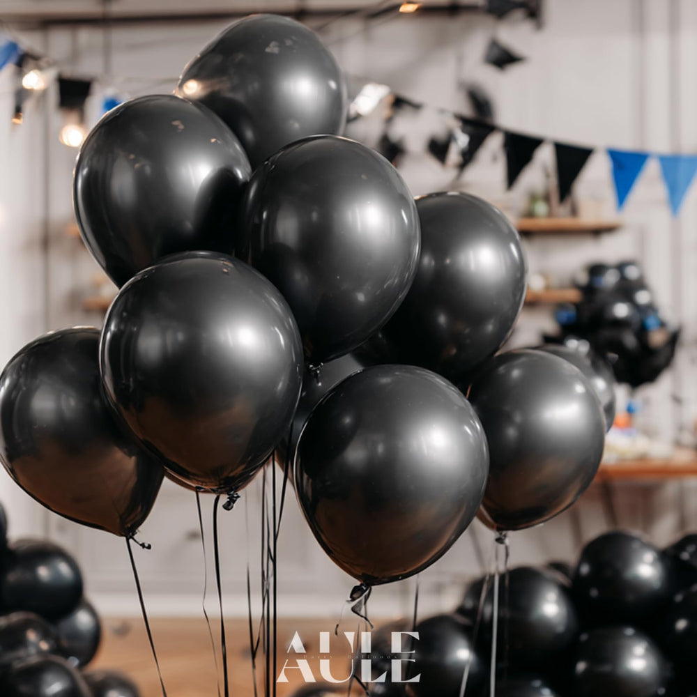 AULE black metallic balloons close-up texture showing premium chrome finish