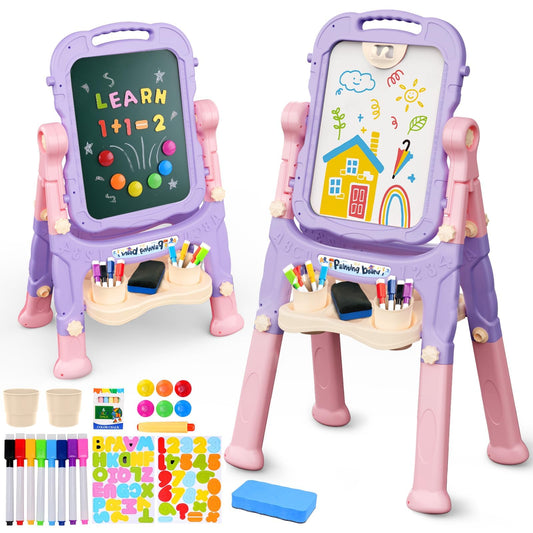 AuntyFey Easel double-sided chalkboard and whiteboard for creative play.