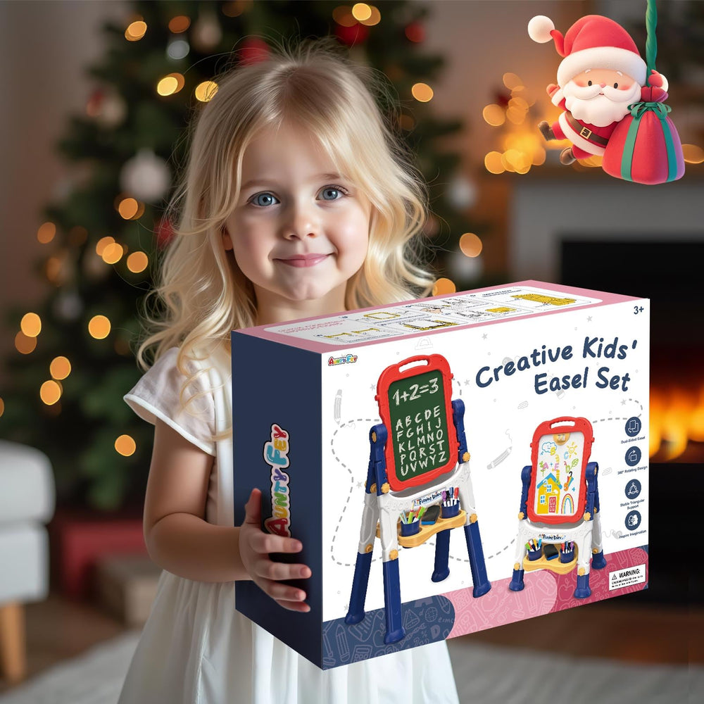 AuntyFey easel arriving with magnetic letters, numbers, chalk, and markers.