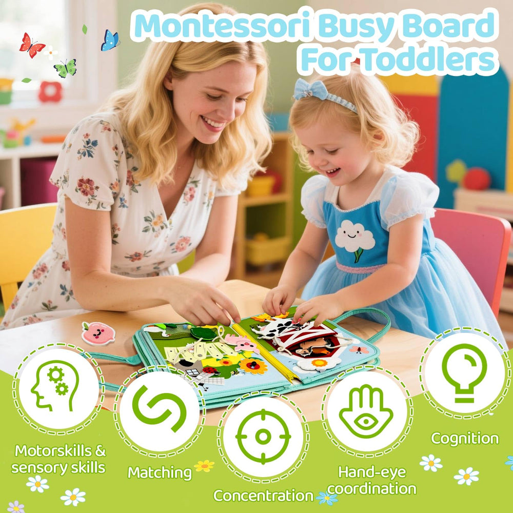 Aurasys Busy Book vegetables panel encourages sorting and tactile exploration