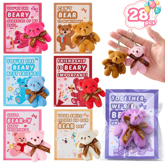 Aurdox 28-pack mini plush bears shown as classroom gifts and friend trading.