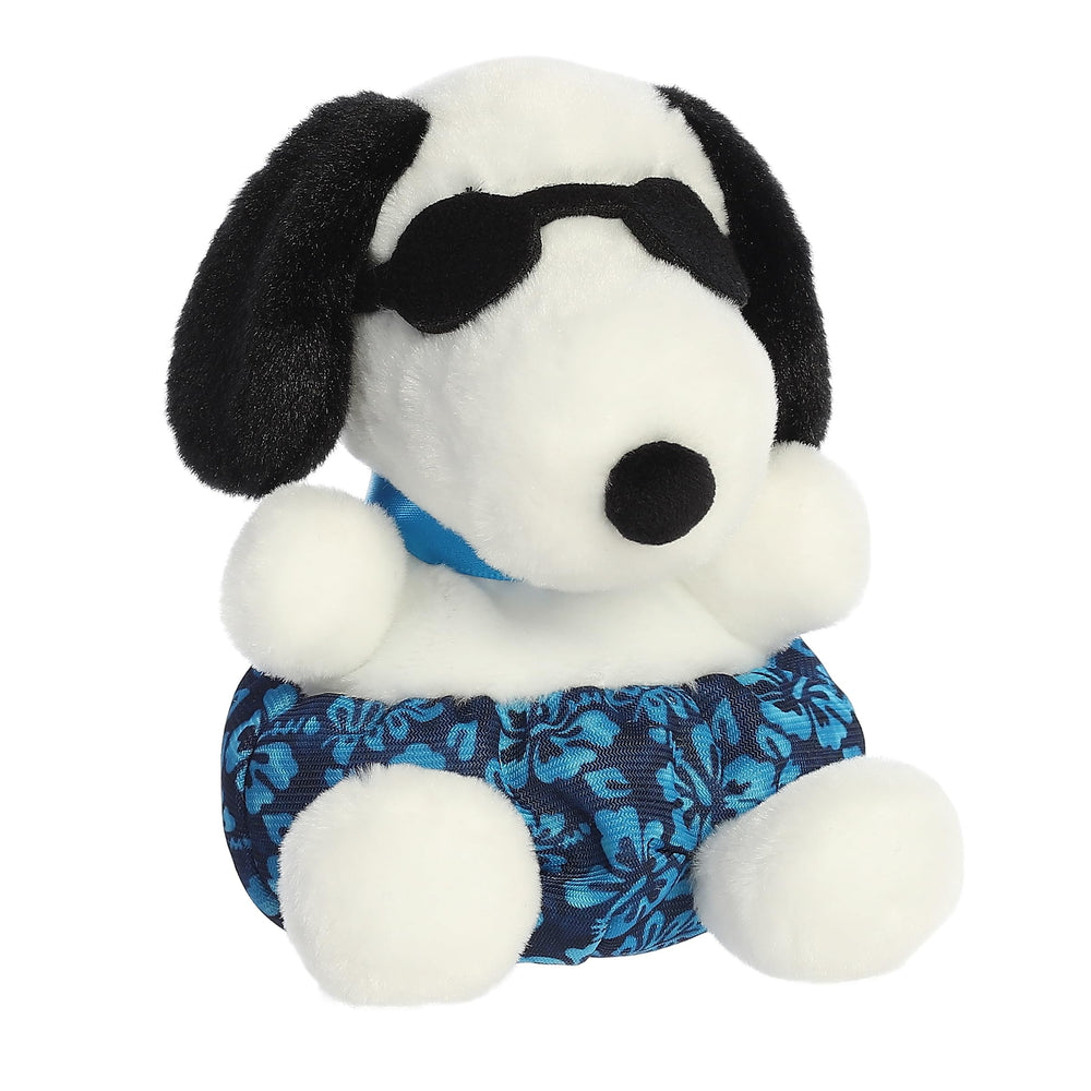 Aurora Surfer Snoopy palm pals plush in blue swimsuit ready for beach adventures.