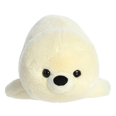 Close-up of Stella Seal white fur shows durable stitching for lasting hugs.