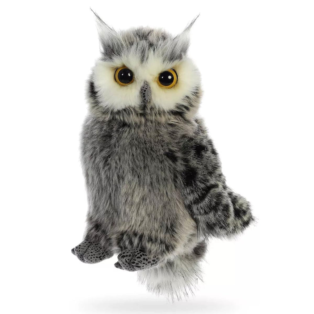 Aurora Barney Owl plush, 9-inch gray toy, soft cuddle companion for imaginative play.