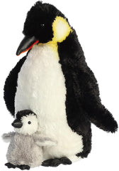 Aurora emperor penguin with baby plush close-up showing realistic detail and attachment.