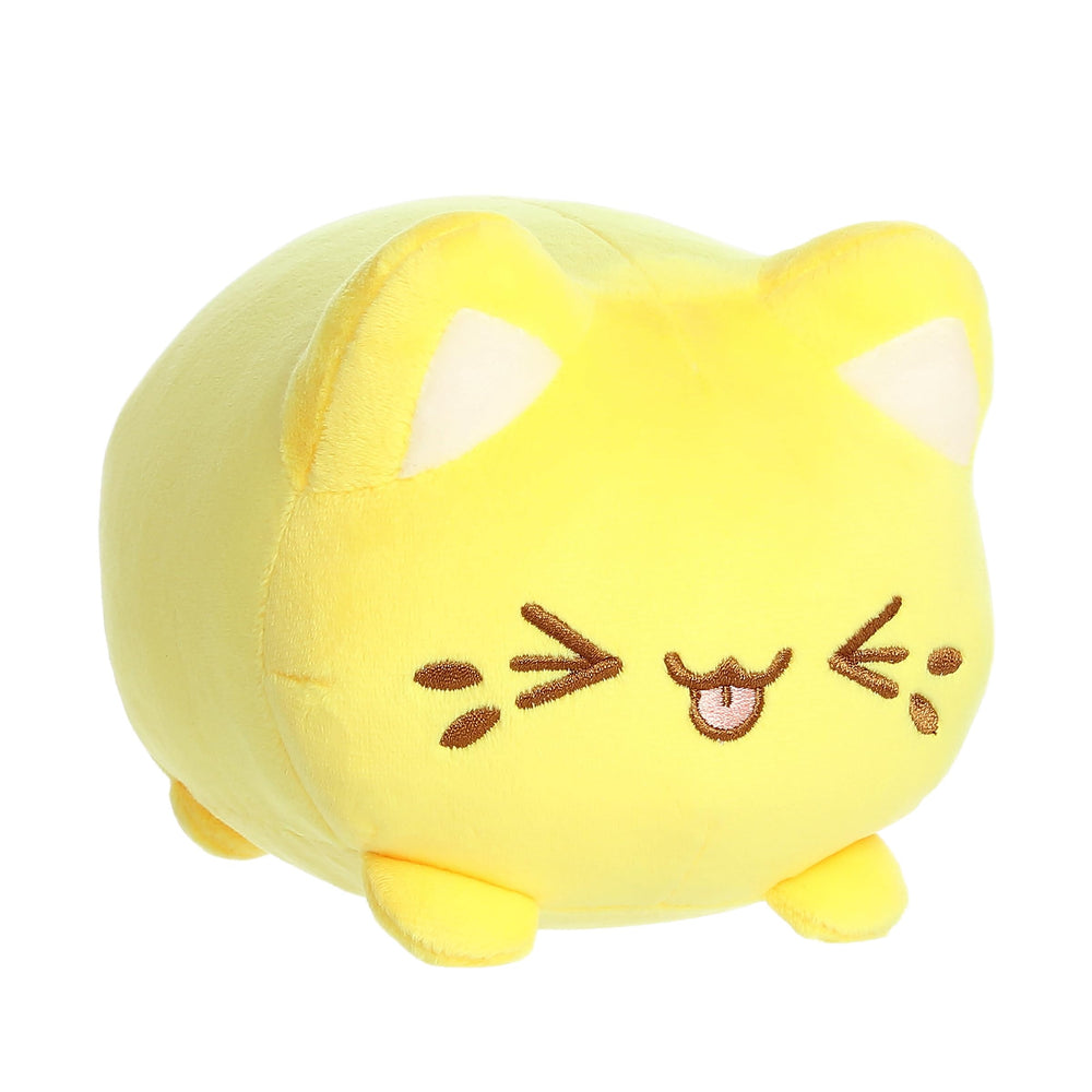 Aurora Meowchi front view lemon plush, bright room decor.