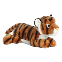 Aurora Flopsie Indira tiger close-up face; ultra-soft plush for comforting hugs and imaginative play.