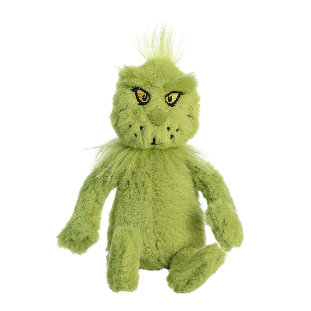 Aurora Grinch plush side pose emphasizing sturdy construction and safe bean pellets.