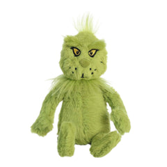 Aurora Grinch plush side pose emphasizing sturdy construction and safe bean pellets.