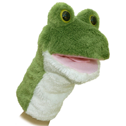 Aurora frog hand puppet in green shows expressive face for storytelling and play.