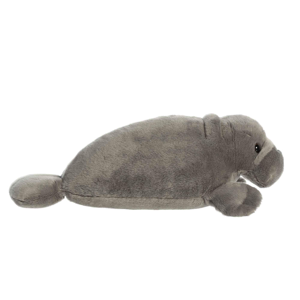 Aurora Manny Manatee Flopsie resting-belly: stable design supports easy, safe play.