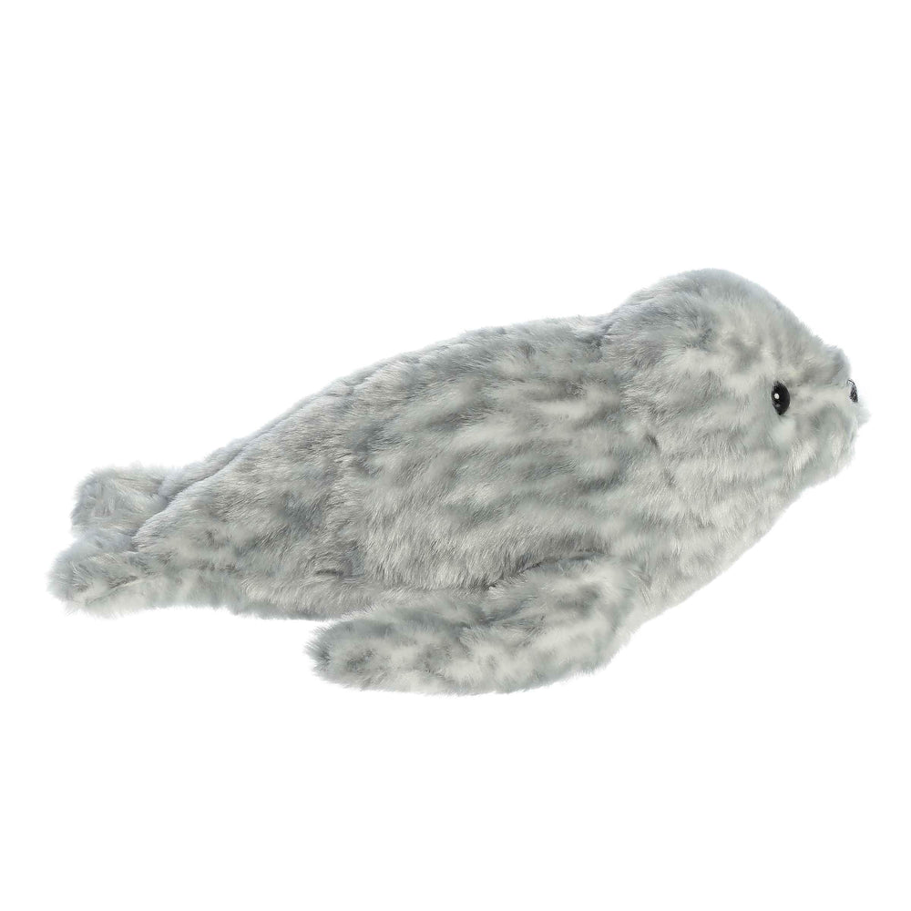 Aurora Mini Flopsie Harbor Seal gray 8-inch close-up showing soft plush and gentle expression.
