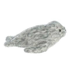 Aurora Mini Flopsie Harbor Seal gray 8-inch close-up showing soft plush and gentle expression.
