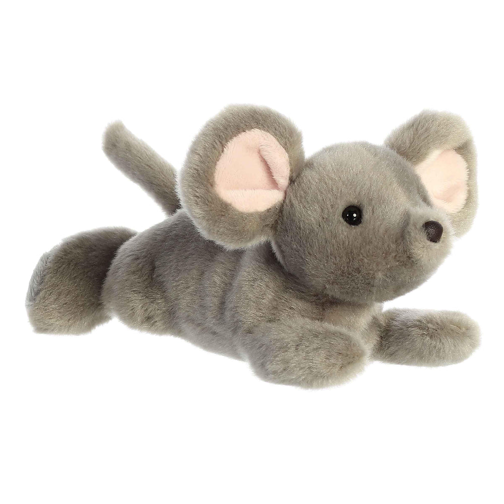 Aurora Missy Mouse plush with gray fur and pink ears, ideal 8-inch cuddle companion.