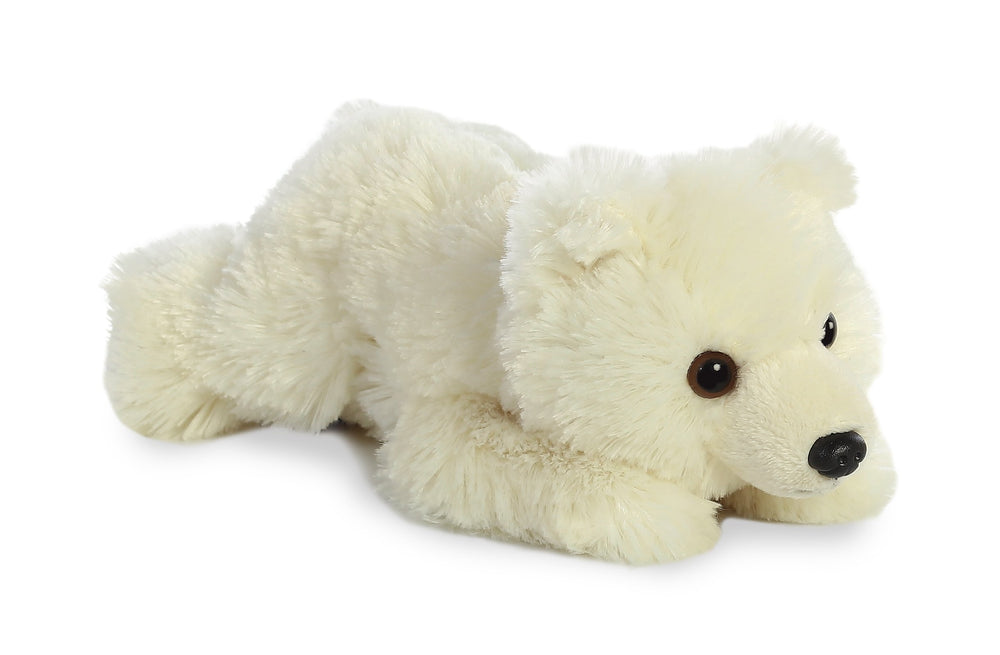 Aurora Mini Flopsie Polar Bear, white 9in plush, a soft cuddle partner for kids.